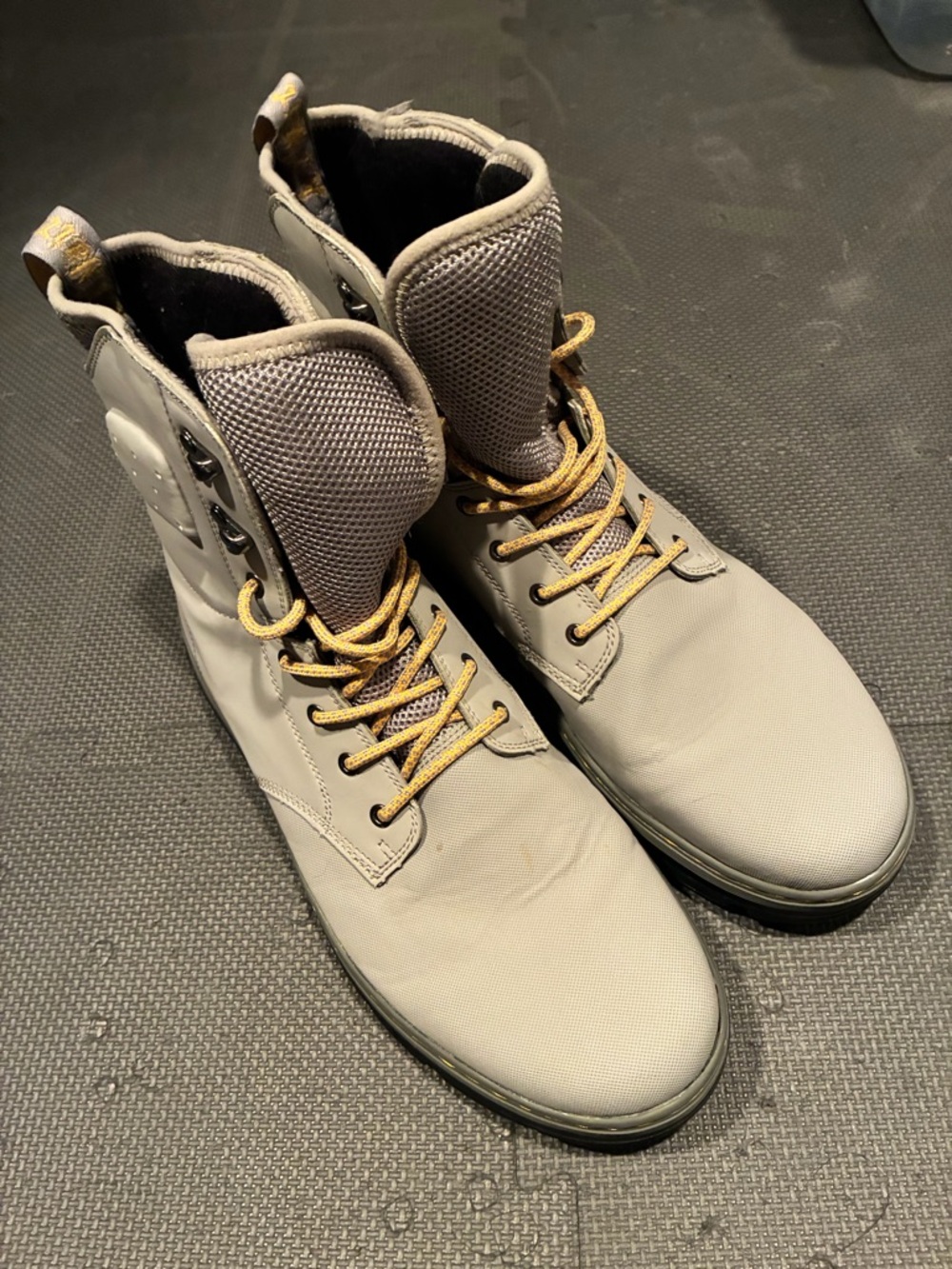 Dr. Martens Light Gray Lace-Up Combat Boots with Yellow Laces